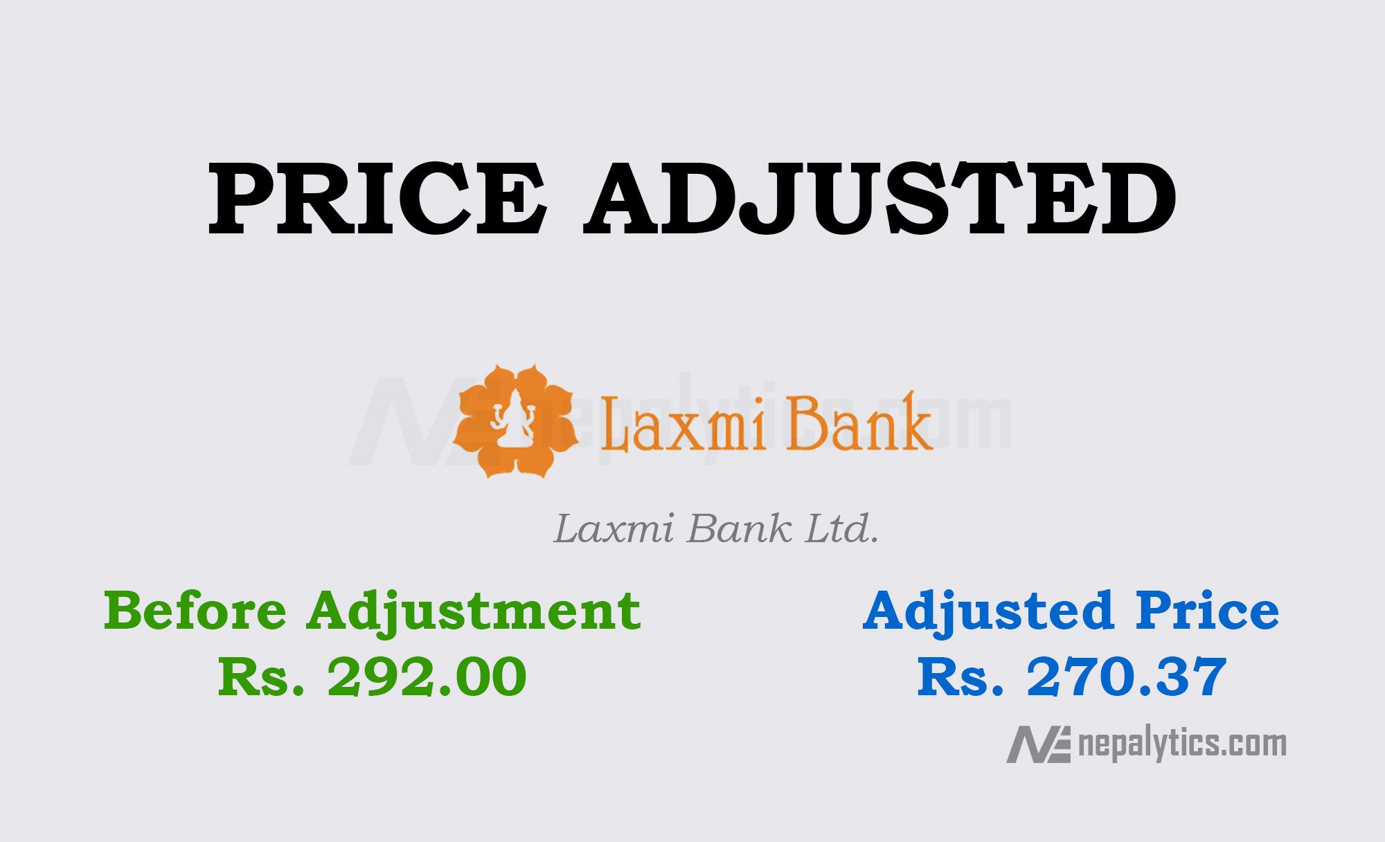 Adjusted Price for Laxmi Bank Limited is Rs. 270.37 for 8 % of Bonus Share.